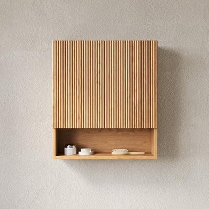 USHOWER Natural Bathroom Wall Cabinet with Fluted Doors & Open Shelf