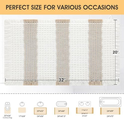 Upgrade Waffle Bath Mat, Boho Bathroom Rugs Absorbent Non Slip, Ultra Soft Bathroom Mat, Machine Washable Knit Bath Rugs with Stripe for Bathroom, Bedroom, Kitchen, Shower,Tub, 32"x20", Beige & White