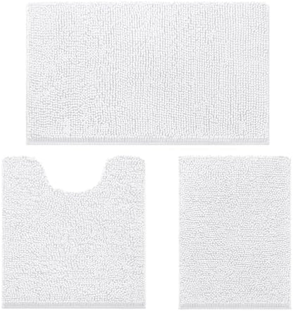 HOMEIDEAS White Chenille Bathroom Rugs Set of 3, Non Slip Bath Mat