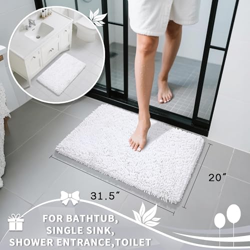Yimobra Chenille Bathroom Rugs Non Slip, Extra Thick Soft Absorbent Bath Rug 31.5x20 Inch, Machine Washable Quick Dry Bath Mat for Bathroom Floor, Tub and Shower, Home Decor Accessories, White