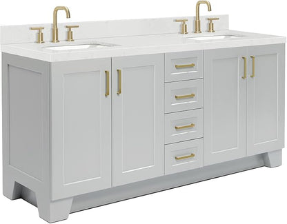 ARIEL Taylor 72-inch Bathroom Vanity with Sink,Solid Wood, 1.5-inch Carrara White Quartz Countertop & Backsplash, Double Rectangular Porcelain Sink, 4 Soft Closing Doors, 6 Dovetail Drawers, Grey