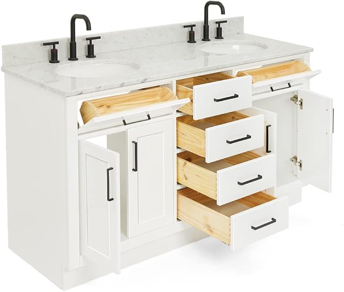ARIEL Hepburn 60-inch Bathroom Vanity with Sink,Solid Wood, 0.75-inch Italian Carrara Marble Countertop & Backsplash, Double Oval Porcelain Sink, 4 Soft Closing Doors, 6 Dovetail Drawers, White