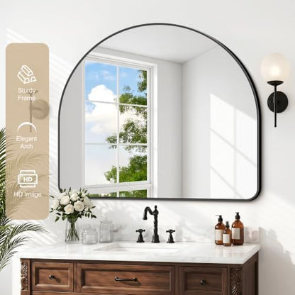 GLASHOM Arched Bathroom Vanity Mirror, 36"x30" Black Frame Wall Mirror