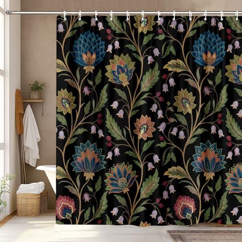 Vintage Floral Shower Curtain for Bathroom, Rustic Farmhouse Black and Teal Sage Green Boho Botanical Shower Curtains, Retro Cottagecore Wildflower Aesthetic Bath Curtain Set with Hooks， 72 x 72 Inch