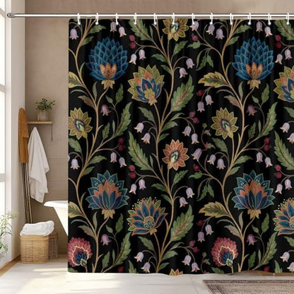 Vintage Floral Shower Curtain for Bathroom, Rustic Farmhouse Black and Teal Sage Green Boho Botanical Shower Curtains, Retro Cottagecore Wildflower Aesthetic Bath Curtain Set with Hooks， 72 x 72 Inch