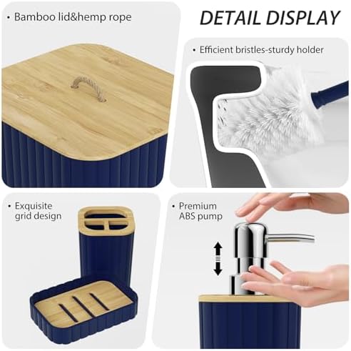 Bathroom Accessories Set - 10PC Bathroom Sets, Navy Blue Bathroom Set, Bathroom Accessories Set, Toilet Brush, Bathroom Trash Can & Soap Dispenser