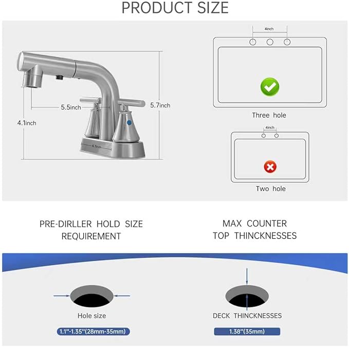 FRANSITON Bathroom Faucets with Pull Out Sprayer, 4 Inch Brushed Nickel Bathroom Faucet 3 Hole, 2 Handle Pull Down Sprayer Bathroom Sink Faucet with 360 Swivel Spout (Brushed Nickel)