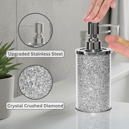 Escenzy Crushed Diamond Bathroom Accessories Set 3 Pcs | Silver Crystal Glass Soap Dispenser, Toothbrush Holder, Tumbler | Luxury Glam Bathroom Decor | Modern Vanity Organizer Gift