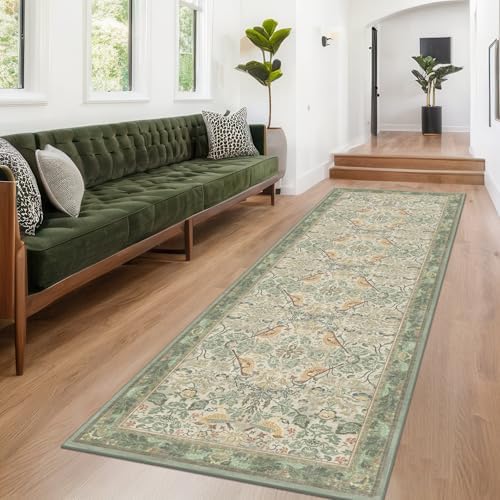12ft Extra Long Vintage Runner Rugs for Hallways - 3x12 Wide Kitchen Runners, Entryway Rug, Sage Boho Design with Flowers and Leaves, Washable Non Slip Low Pile