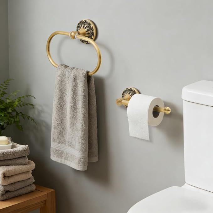 Antique Brass Bathroom Accessories, Solid Copper Towel Ring & Paper Holder, Vintage Wall Mount Hardware with Antique Bronze Finish (Single or Set) (Towel Ring + Paper Holder Set (2-Piece))