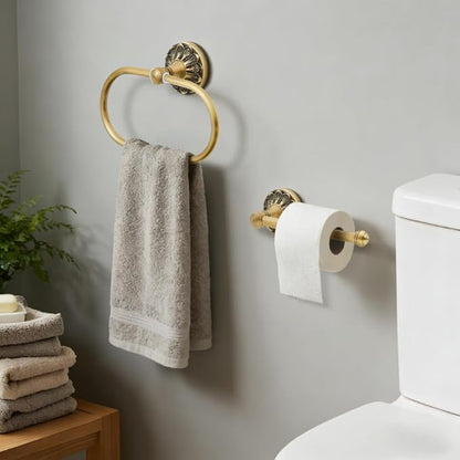 Antique Brass Bathroom Accessories, Solid Copper Towel Ring & Paper Holder, Vintage Wall Mount Hardware with Antique Bronze Finish (Single or Set) (Towel Ring + Paper Holder Set (2-Piece))