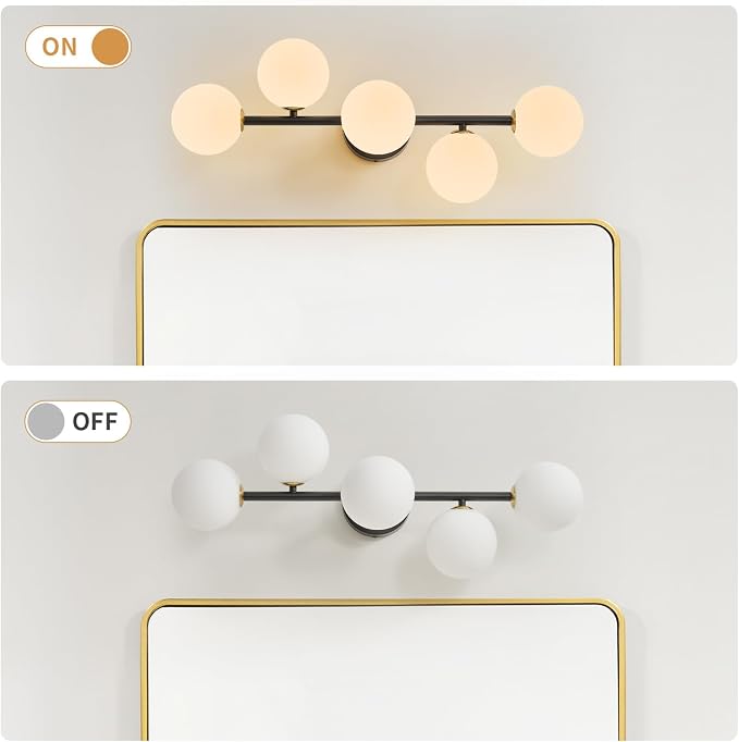 Modern Bathroom Vanity Light Fixtures,LED Matte Black Wall Sconce Lighting | 5 Lights Milk Glass Globe Vanity Light, Makeup Bathroom Vanity Lights,Dimmable Brass Mid Century Wall Sconces over Mirror