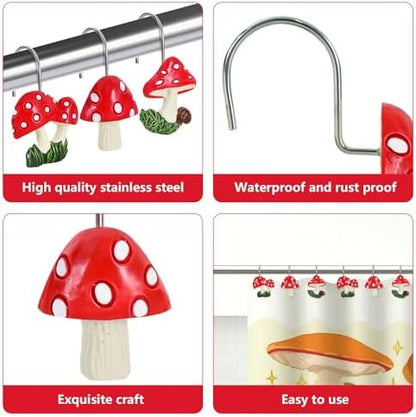 12-Piece Mushroom Shower Curtain Hooks for Bathroom