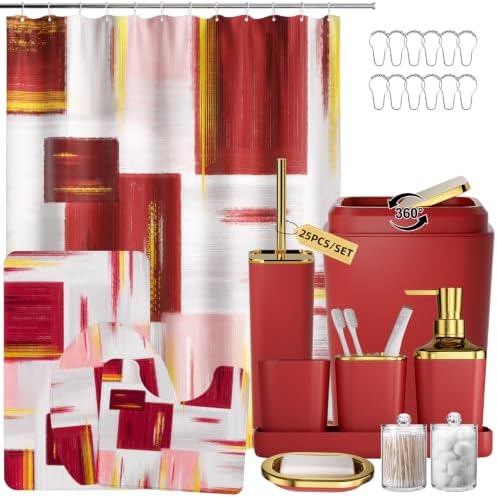 XLHOMO Bathroom Set - Burgundy Bathroom Accessories Set, Bathroom Sets with Shower Curtain and Rugs, Burgundy Shower Curtain Set with Bathroom Trash Can, Soap Dispenser, Soap Dish for Home Decor