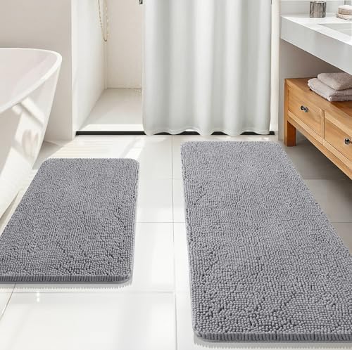 OLANLY Chenille Bathroom Rugs Mats Sets 2 Piece, 59"x20"+30"x20", Grey