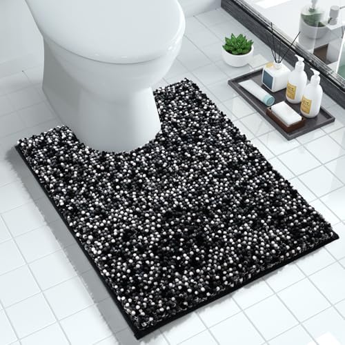 Yimobra Luxury Chenille U-Shaped Toilet Rug, Super Soft Shaggy Contour Bath Mat for Bathroom Floor, Fluffy, Water Absorbent, Non Slip, Machine Washable, Dry Quickly, 24''x 20'', Black & Dark Grey
