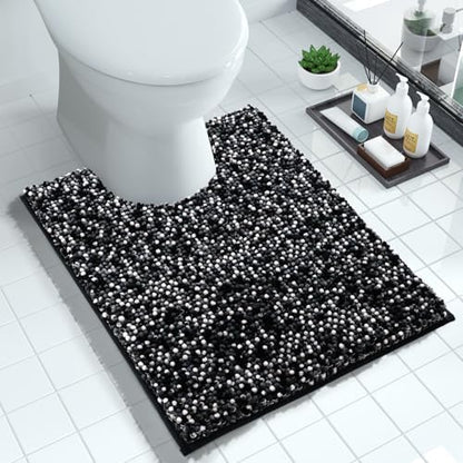 Yimobra Luxury Chenille U-Shaped Toilet Rug, Super Soft Shaggy Contour Bath Mat for Bathroom Floor, Fluffy, Water Absorbent, Non Slip, Machine Washable, Dry Quickly, 24''x 20'', Black & Dark Grey