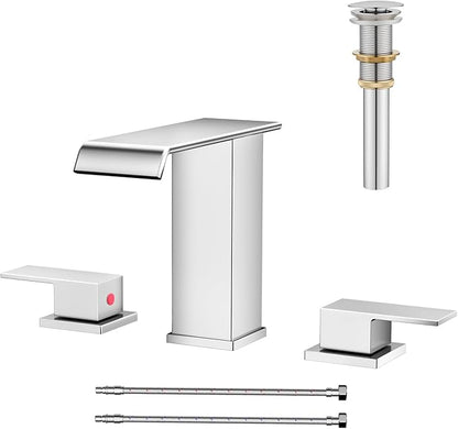 Waterfall Bathroom Faucet 3 Hole, Chrome 8 Inch Widespread Modern 3 Piece Touch On Lavatory Sink Faucets for Vanity RV Restroom, Straight Spout