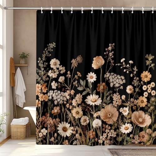 Black Floral Shower Curtain Set with Hooks 72X72, Rustic Wildflower Botanical Daisy Fabric Bath Curtain, Dark Vintage Farmhouse Boho Bathroom Decor, Waterproof Polyester Shower Curtains