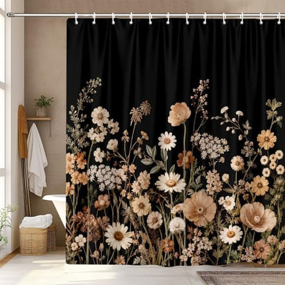 Black Floral Shower Curtain Set with Hooks 72X72, Rustic Wildflower Botanical Daisy Fabric Bath Curtain, Dark Vintage Farmhouse Boho Bathroom Decor, Waterproof Polyester Shower Curtains
