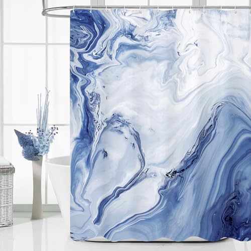 Navy Blue Marble Fabric Shower Curtain, Abstract Watercolor, 72 x 72