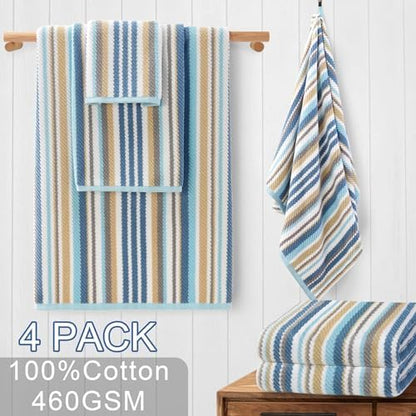 VOOVA & MOVAS Bath Towels 4 Pack, 100% Cotton, 28x52 in, Blue Gray Beige