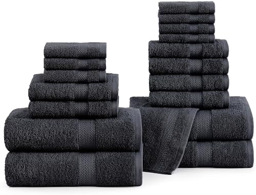 LANE LINEN Bath Towel Set Quick Dry 100% Cotton 18 Piece Soft - Black