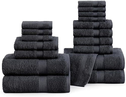 LANE LINEN Bath Towel Set Quick Dry 100% Cotton 18 Piece Soft - Black