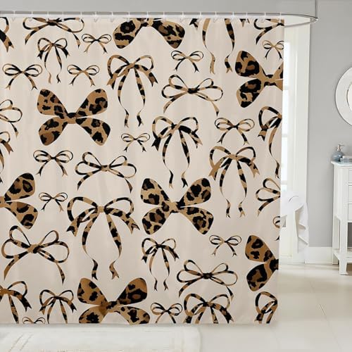 jejeloiu Cute Bowknot Shower Curtain for Bathroom Decor 72"x78" Black Brown Girls Bow Bath Curtain Kawaii Leopard Bathroom Accessories Waterproof Polyester Fabric for Stalls Bathtubs Princess Decor