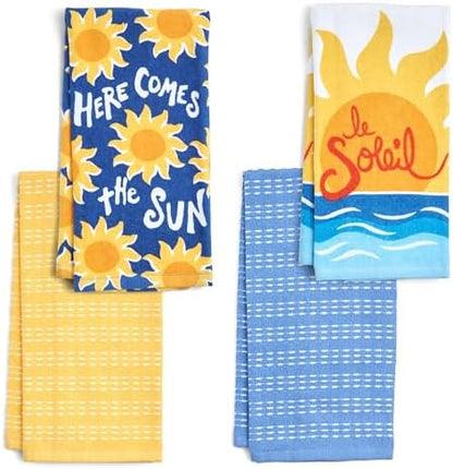Ritz 4-Piece Kitchen Towel Set, Here Comes the Sun & Le Soleil Sunset Prints with Yellow & Navy Blue Textured Terry, 100% Cotton & Absorbent Blend, 16" x 26", Coastal Summer Kitchen Decor