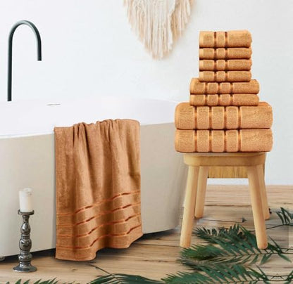 Luxury Towels for Bathroom Set of 8-2 Bath Towels 2 Hand Towels 4 Washcloths - 600 GSM 100% Cotton Ring Spun Viscose Border Towels Set - Beige