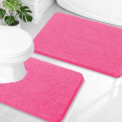 OLANLY Chenille Bathroom Rugs Mats Sets 2 Piece, 30"x20"+24"x20", Hot Pink