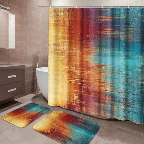 ArtSocket Bathroom Set, Shower Curtain and Bath Rugs Blue Orange