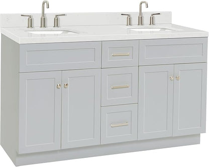 ARIEL Hamlet 60-inch Bathroom Vanity with Sink,Solid Wood, 1.5-inch Carrara White Quartz Countertop & Backsplash, Double Rectangular Porcelain Sink, 4 Soft Closing Doors, 3 Dovetail Drawers, Grey