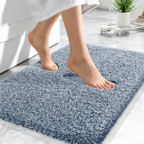 OLANLY Microfiber Bathroom Rugs 24x16, Quick Dry Bath Mat, Navy and White