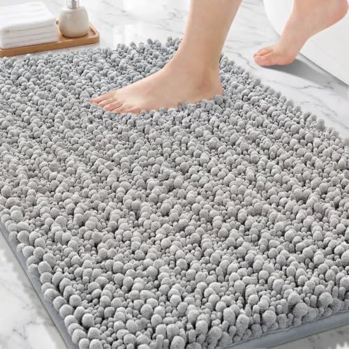 Bathroom Rugs Non Slip Washable 32x20, Extra Thick Soft Chenille Absorbent Bath Mat, High Density Barrier Non Slip Backing, Quick Dry Plush Shaggy Floor Carpet for Tub&Shower, Silver