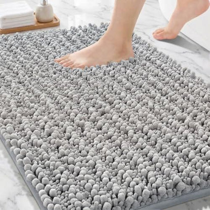 Bathroom Rugs Non Slip Washable 32x20, Extra Thick Soft Chenille Absorbent Bath Mat, High Density Barrier Non Slip Backing, Quick Dry Plush Shaggy Floor Carpet for Tub&Shower, Silver