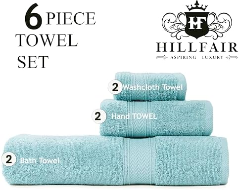 HILLFAIR Premium 600 GSM - 100% Cotton - 6 Piece Bath Towel Set - Ocean Blue
