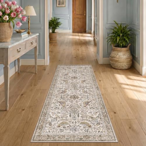 Vintage 2x6 Washable Runner Rugs for Kitchen, Bedside Rug for Bedroom, Entryway, Hallway, Non Slip Moss Bathroom Carpet, Traditional Home Décor with Floral Bird Pattern (Moss)