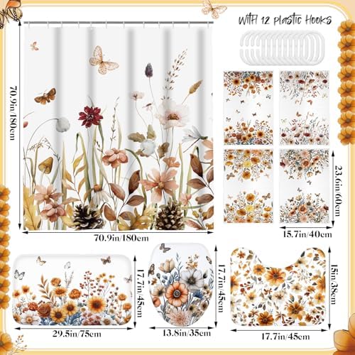 Honoson Fall Wildflower Shower Curtain Bathroom Set with Rug and Towls