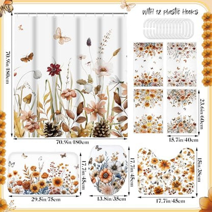Honoson Fall Wildflower Shower Curtain Bathroom Set with Rug and Towls