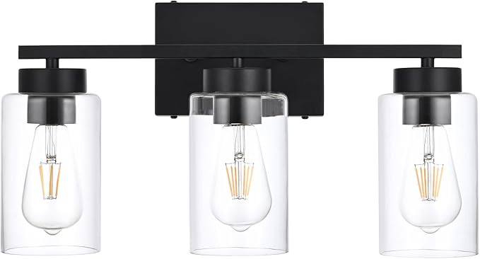 3-Light Bathroom Vanity Light, Modern Black Wall Lights with Clear Glass Shades, Bathroom Wall Sconce Lamp for Mirror Living Room Bedroom Hallway