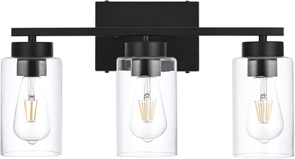 3-Light Bathroom Vanity Light, Modern Black Wall Lights with Clear Glass Shades, Bathroom Wall Sconce Lamp for Mirror Living Room Bedroom Hallway