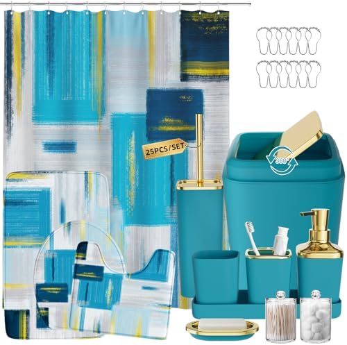 XLHOMO Bathroom Set - Teal Blue Bathroom Accessories Set, Bathroom Sets with Shower Curtain and Rugs, Teal Blue Shower Curtain Set with Bathroom Trash Can, Soap Dispenser, Soap Dish for Home Decor