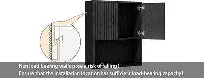 Fluted Bathroom Wall Cabinet Over the Toilet Storage,Wall Mounted Cabinet with Adjustable Shelf,Floating Cabinet Organizer Hanging Cabinet,Kitchen and Laundry Room Cabinets (Black, 1 PC)