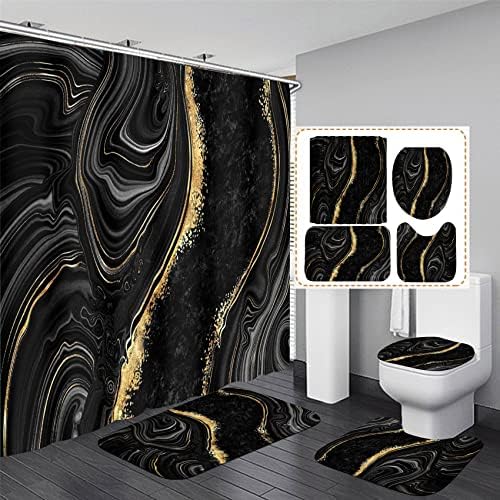 Nkzply 4 Pcs Black Marble Shower Curtain Sets with Rugs Gold Bathroom Set