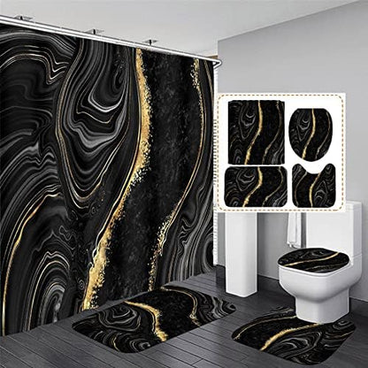 Nkzply 4 Pcs Black Marble Shower Curtain Sets with Rugs Gold Bathroom Set