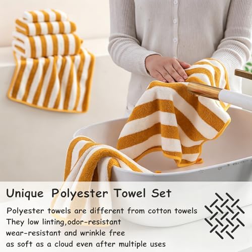 18 Pcs Yellow Stripe Bath Towel Set with Hanging Loop-6 Bath Towels,6 Hand Towels,6 Washcloths Soft Family Towel Set Bathroom Towel Highly Absorbent Quick Dry Shower Towel for Beach Spa Gym Hotel