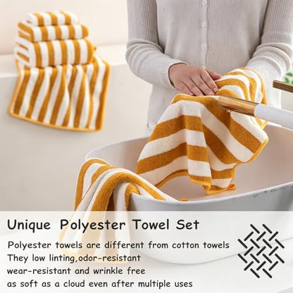 18 Pcs Yellow Stripe Bath Towel Set with Hanging Loop-6 Bath Towels,6 Hand Towels,6 Washcloths Soft Family Towel Set Bathroom Towel Highly Absorbent Quick Dry Shower Towel for Beach Spa Gym Hotel