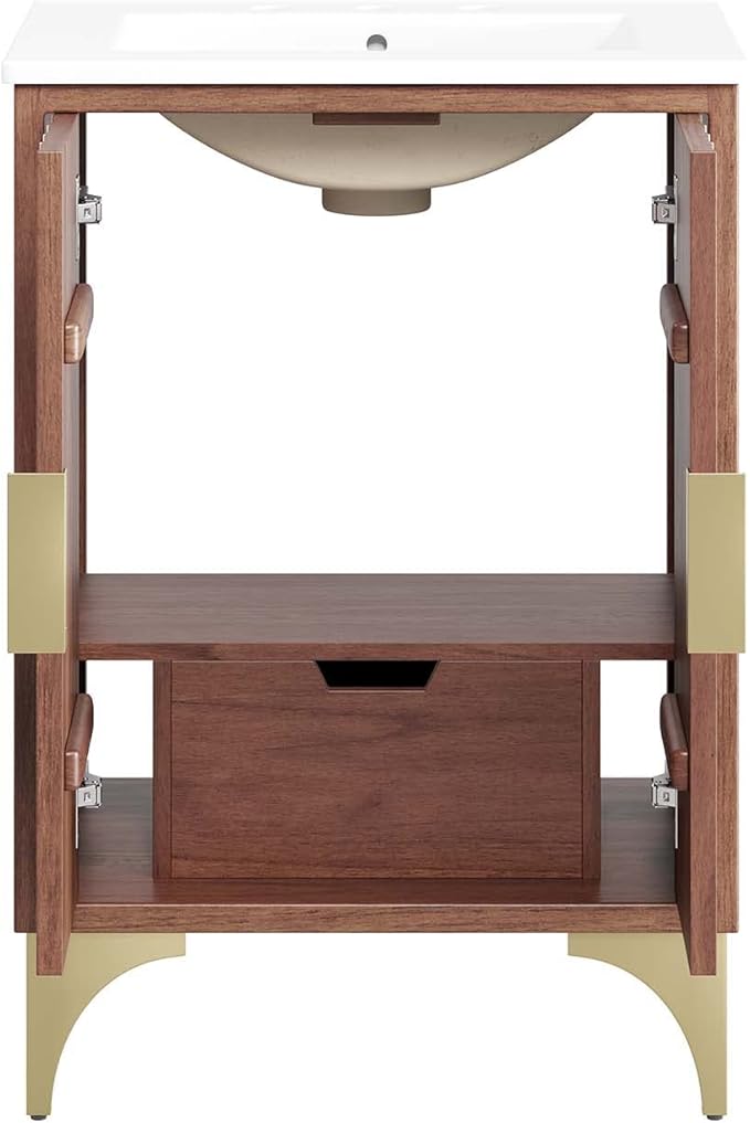 Modway Daylight Bathroom Vanity Cabinet with Ceramic Sink Basin, 24 Inch, White Walnut